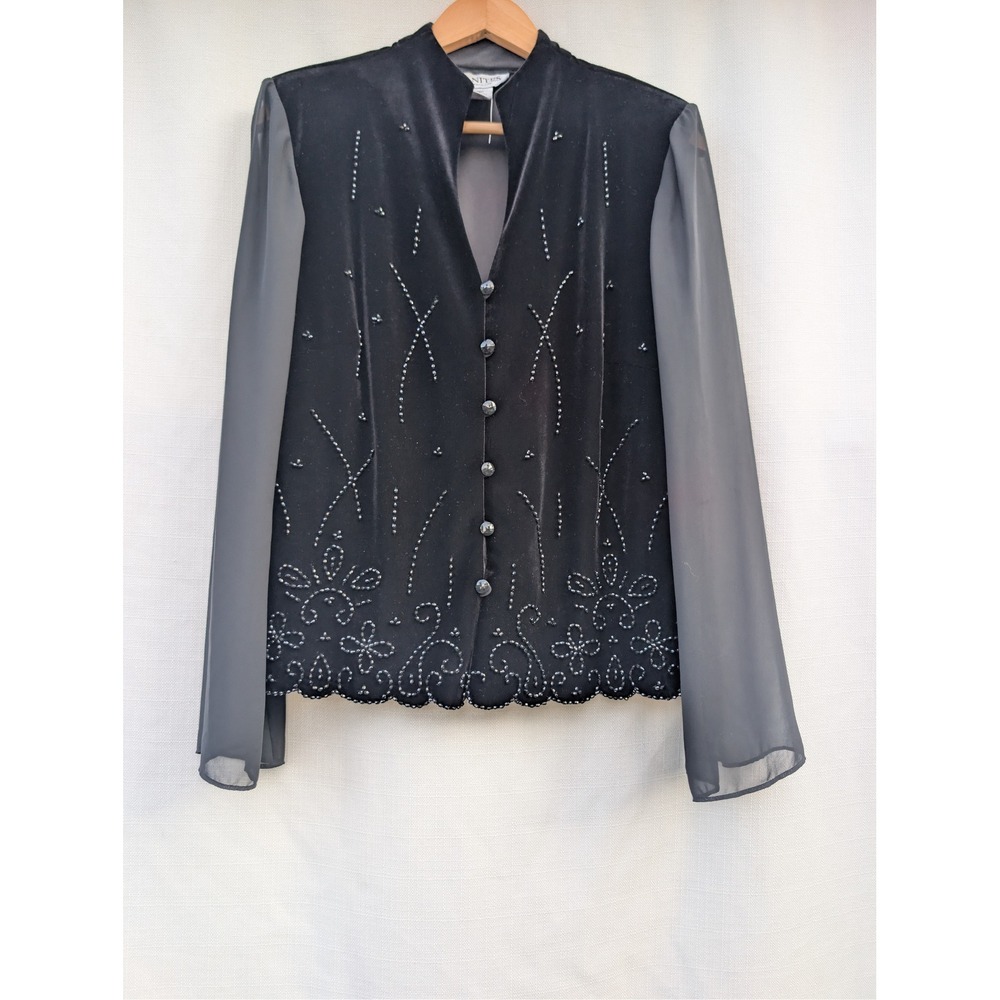 JR NITES Vintage Beaded Velvet Blouse Womens 14 Black Sheer Sleeve Whimsigoth